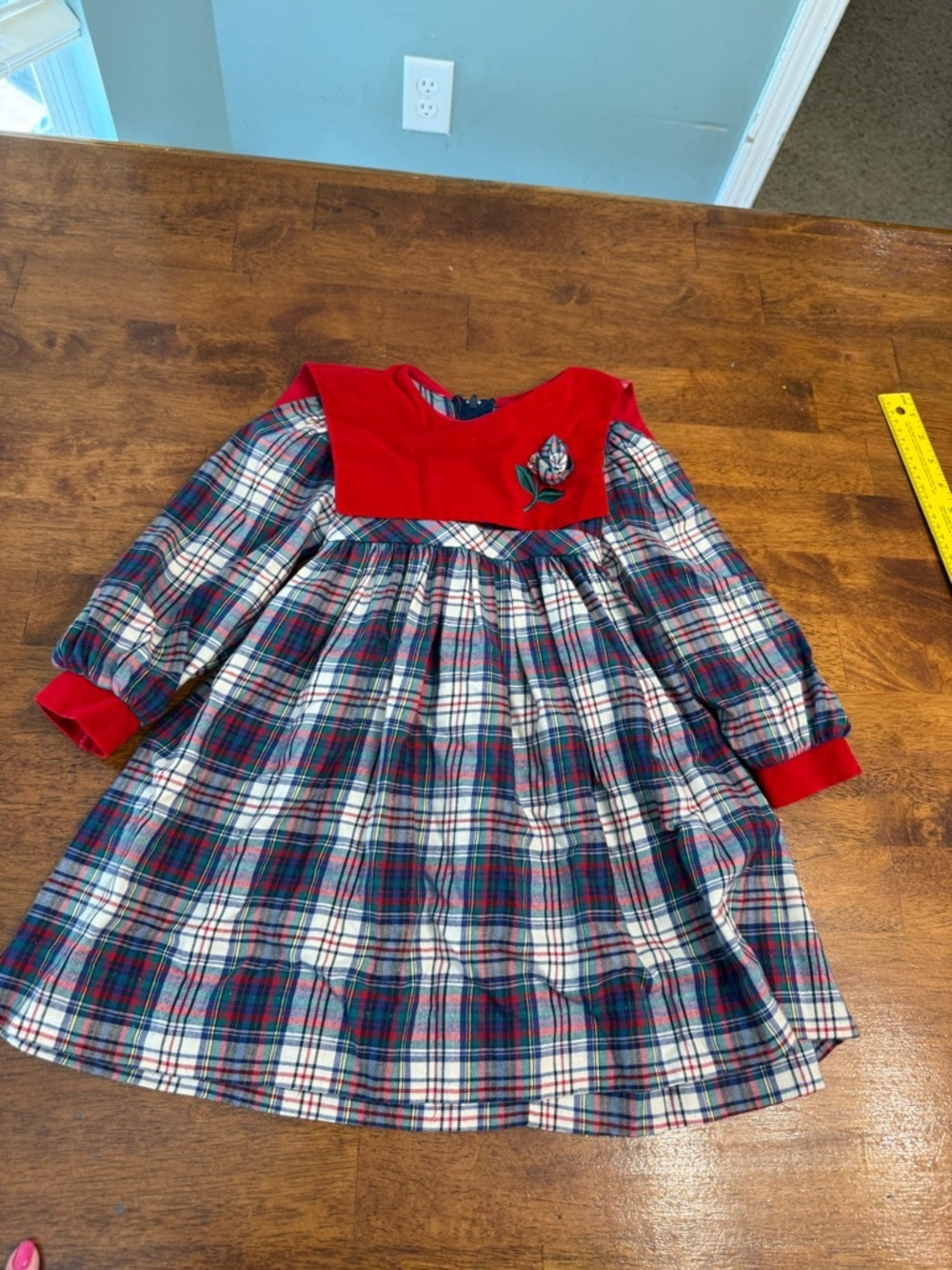 VTG Peaches N Cream Girls 4T Red Plaid Dress Holiday Cottagecore Bib Collar